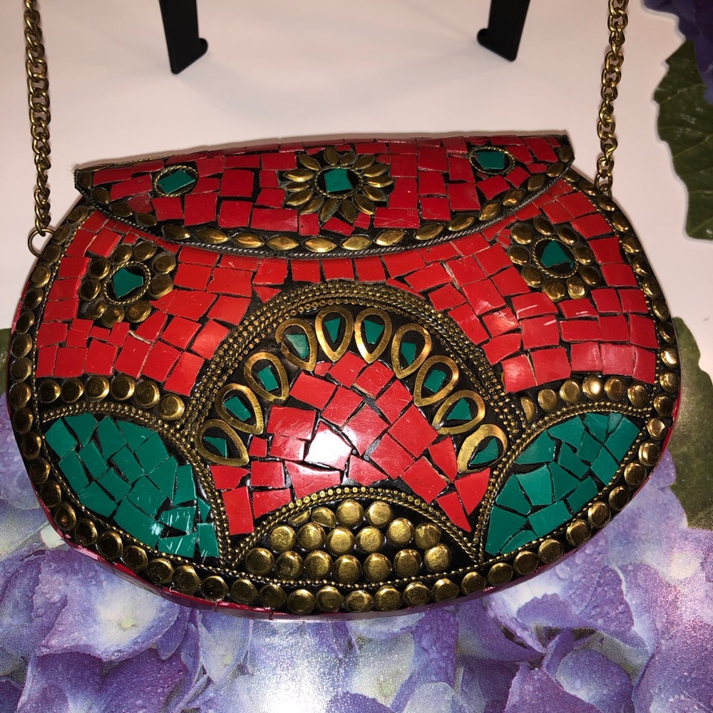Mosaic  Clutch Tibetan Vtg Mosaic Coral Turquoise Inlaid Brass Bag